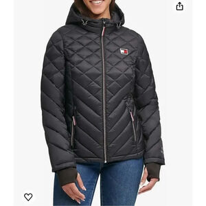 Tommy Hilfiger Wome Navy/black Puffer Jacket Quilted Packable Hooded Full Zip Sm